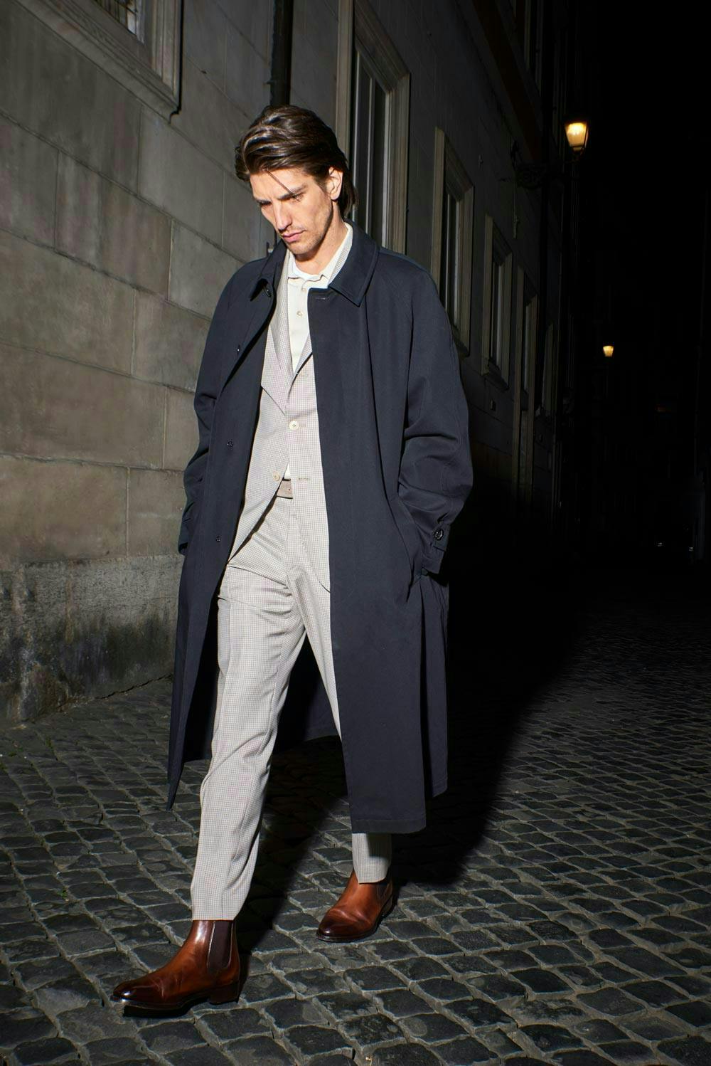 clothing apparel overcoat coat suit shoe footwear trench coat person human